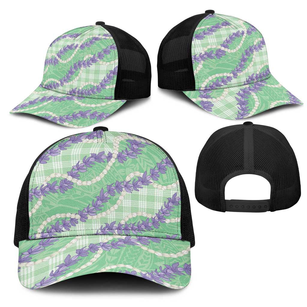 Pastel Green Hawaii Palaka Honohono Pikake Mesh Trucker Cap Hawaiian Orchid Lei Polynesian Pattern - Polynesian Pride
