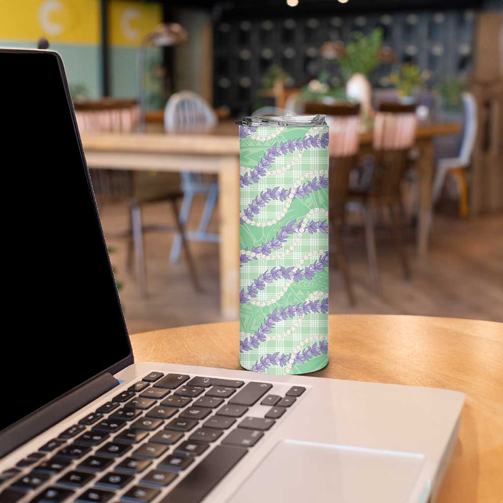 Pastel Green Hawaii Palaka Honohono Pikake Skinny Tumbler Hawaiian Orchid Lei Polynesian Pattern - Polynesian Pride