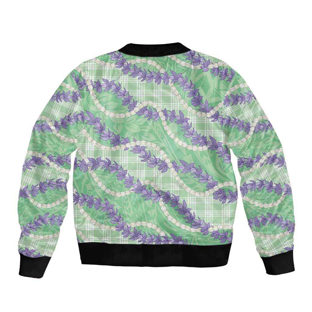 Pastel Green Hawaii Palaka Honohono Pikake Sleeve Zip Bomber Jacket Hawaiian Orchid Lei Polynesian Pattern - Polynesian Pride