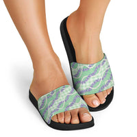 Pastel Green Hawaii Palaka Honohono Pikake Slide Sandals Hawaiian Orchid Lei Polynesian Pattern - Polynesian Pride