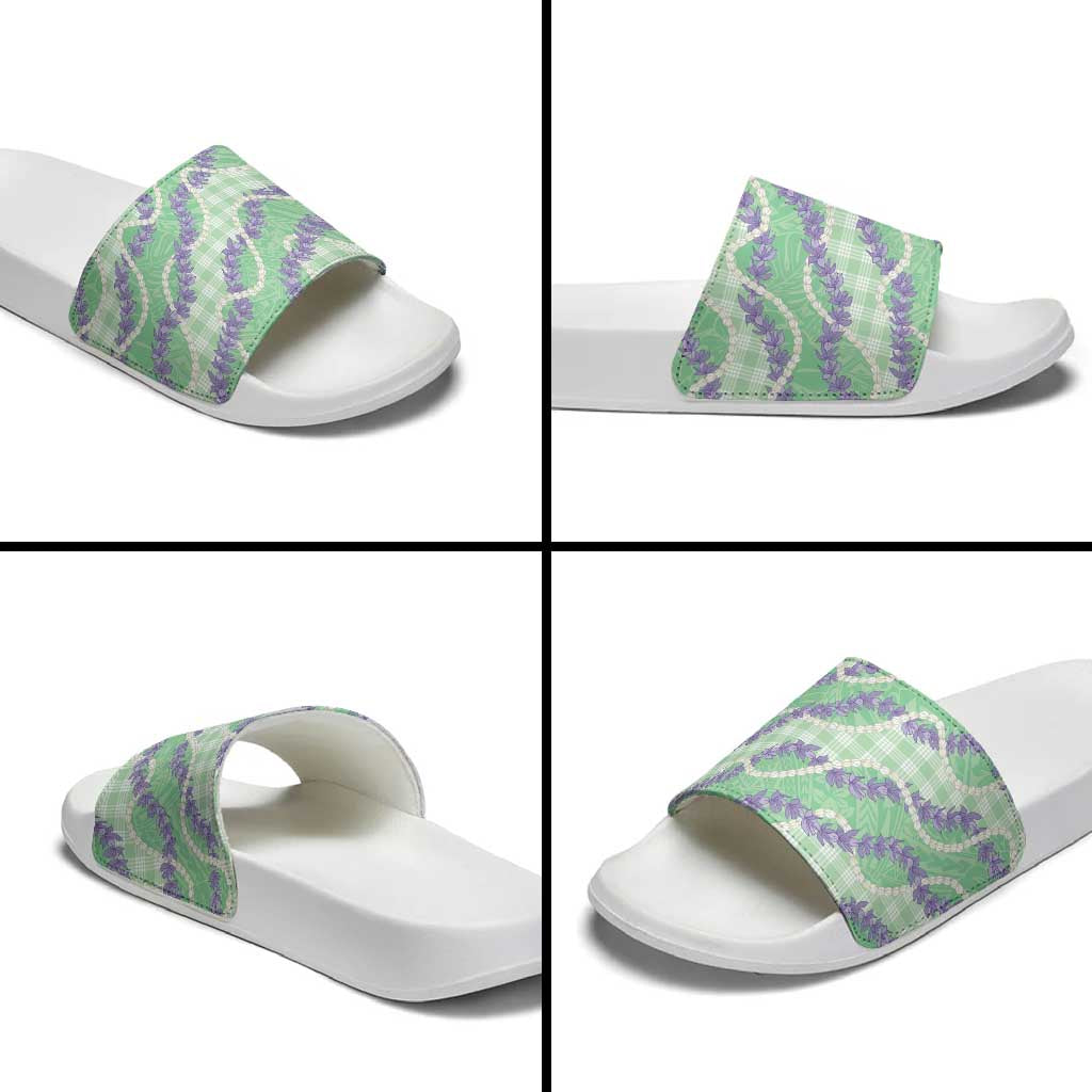 Pastel Green Hawaii Palaka Honohono Pikake Slide Sandals Hawaiian Orchid Lei Polynesian Pattern - Polynesian Pride