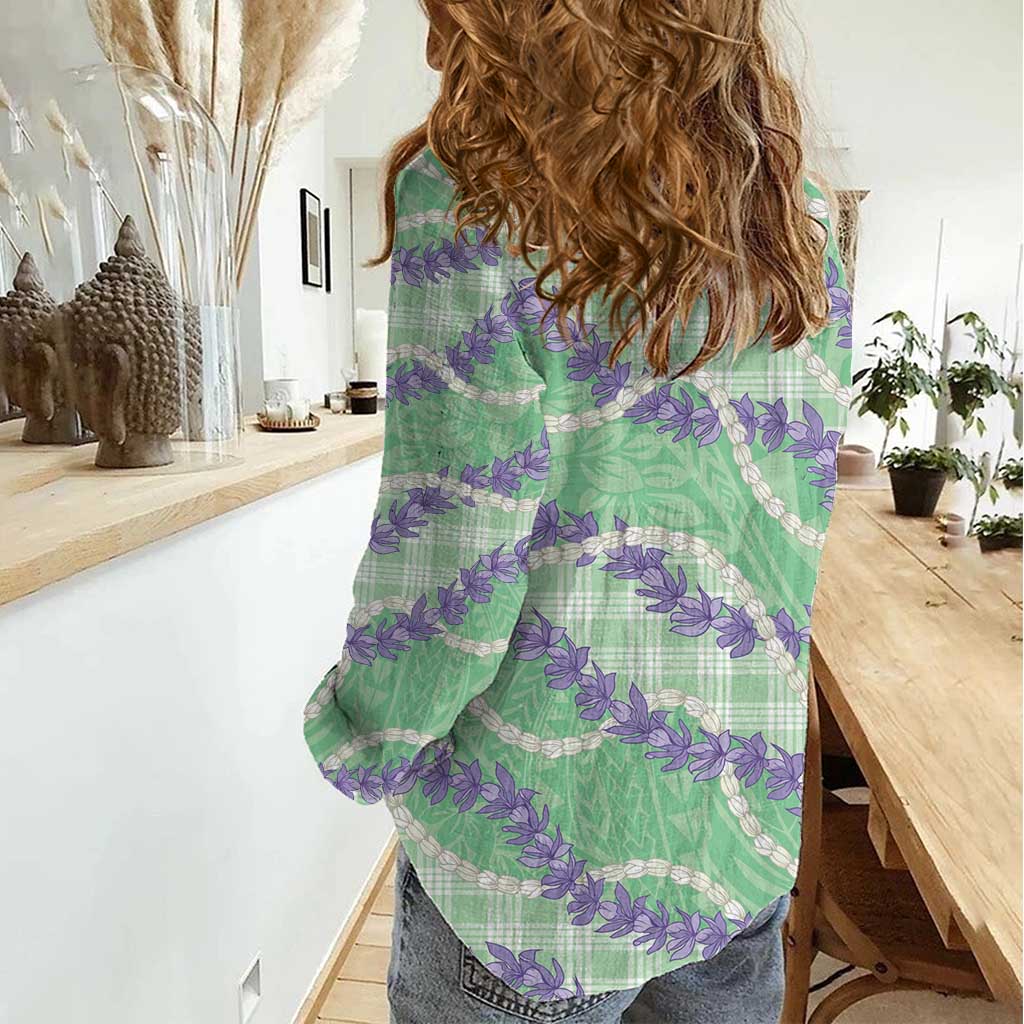 Pastel Green Hawaii Palaka Honohono Pikake Women Casual Shirt Hawaiian Orchid Lei Polynesian Pattern - Polynesian Pride