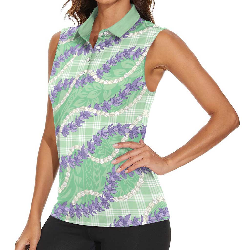 Pastel Green Hawaii Palaka Honohono Pikake Women Sleeveless Polo Shirt Hawaiian Orchid Lei Polynesian Pattern LT14 - Polynesian Pride