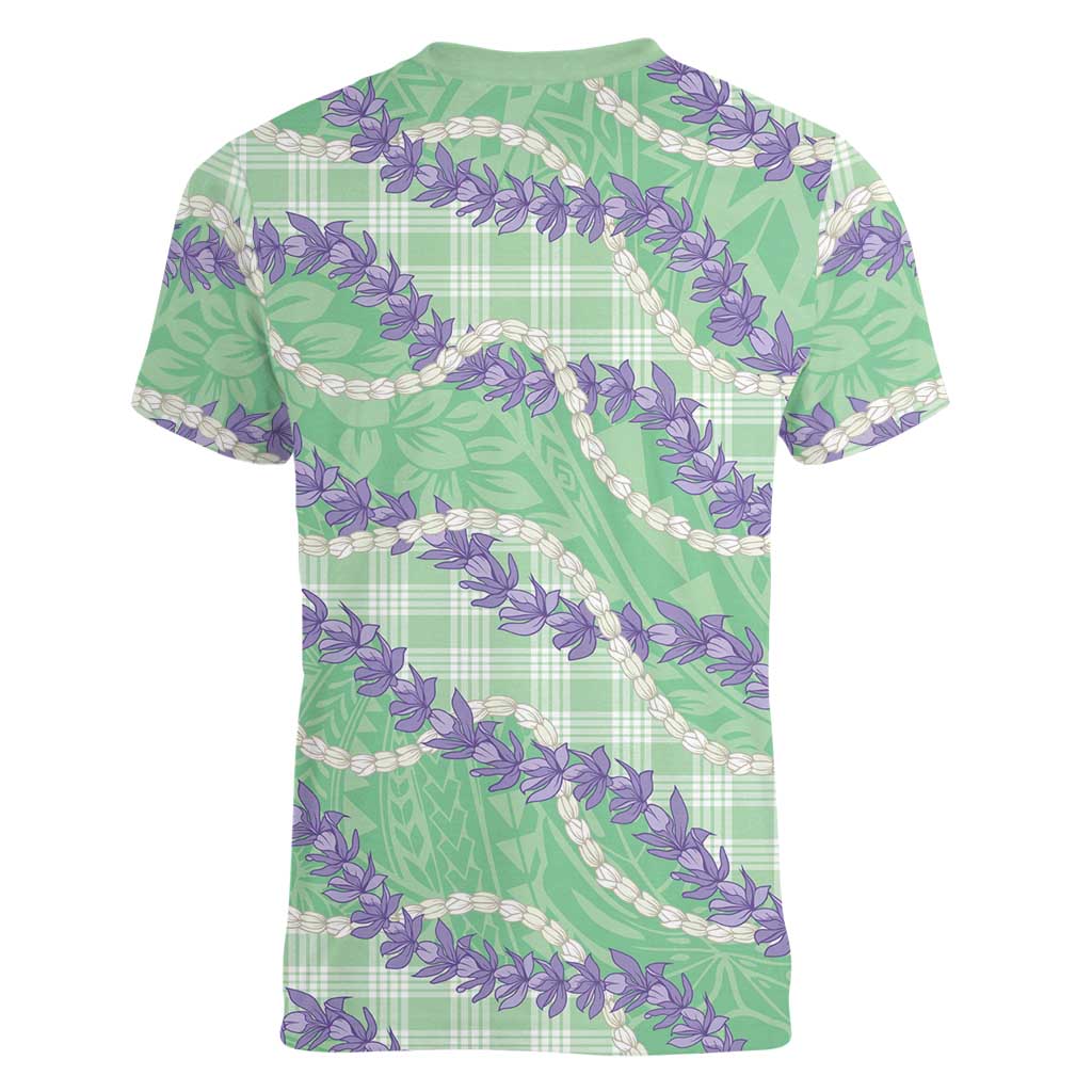 Pastel Green Hawaii Palaka Honohono Pikake Women V-Neck T-Shirt Hawaiian Orchid Lei Polynesian Pattern - Polynesian Pride