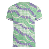 Pastel Green Hawaii Palaka Honohono Pikake Women V-Neck T-Shirt Hawaiian Orchid Lei Polynesian Pattern - Polynesian Pride