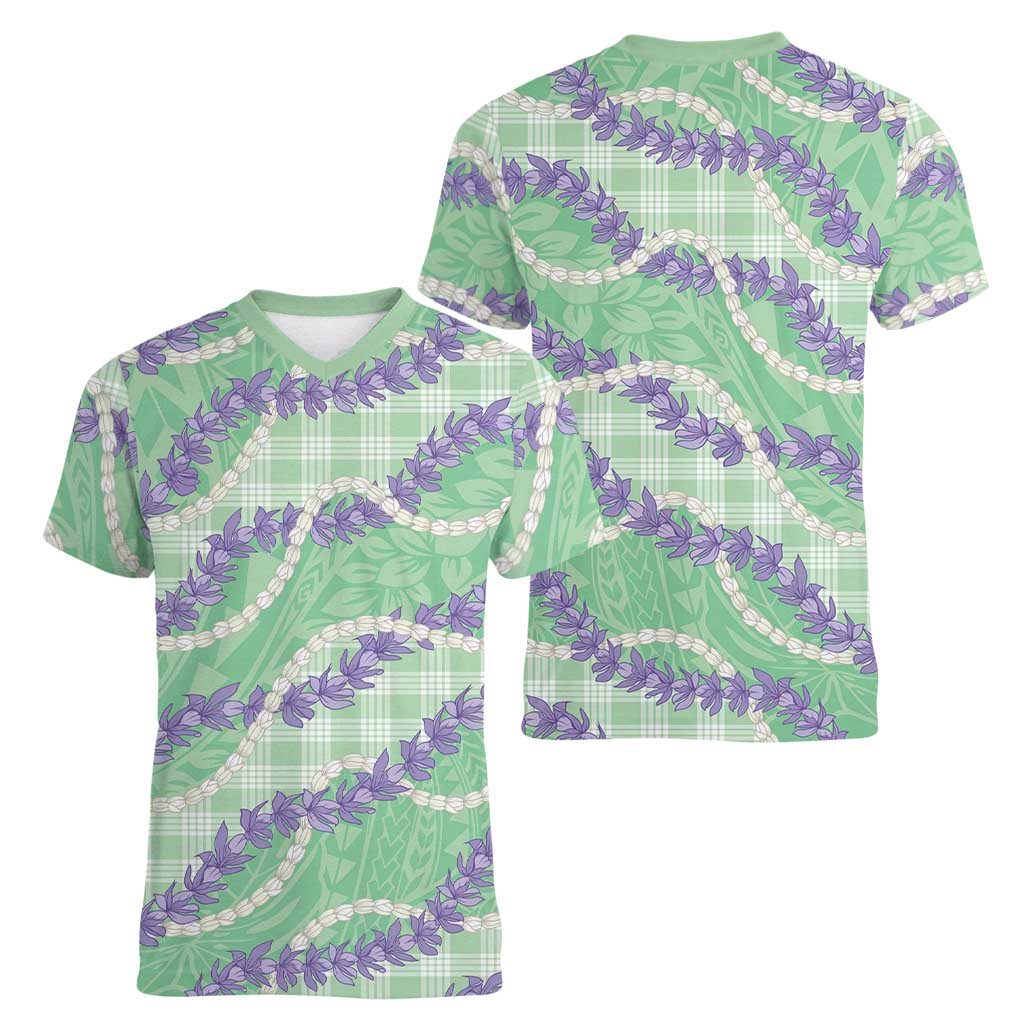 Pastel Green Hawaii Palaka Honohono Pikake Women V-Neck T-Shirt Hawaiian Orchid Lei Polynesian Pattern - Polynesian Pride