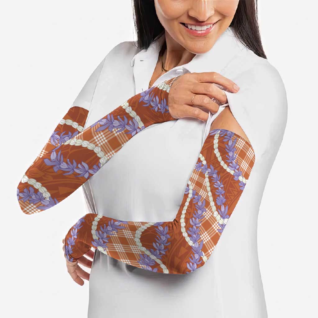 Orange Hawaii Palaka Honohono Pikake Arm Sleeves Hawaiian Orchid Lei Polynesian Pattern - Polynesian Pride