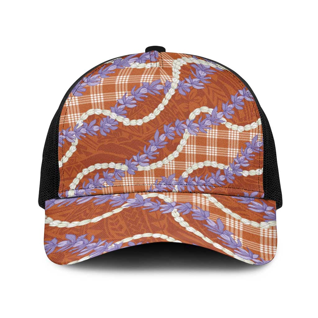 Orange Hawaii Palaka Honohono Pikake Baseball Net Cap Hawaiian Orchid Lei Polynesian Pattern - Polynesian Pride