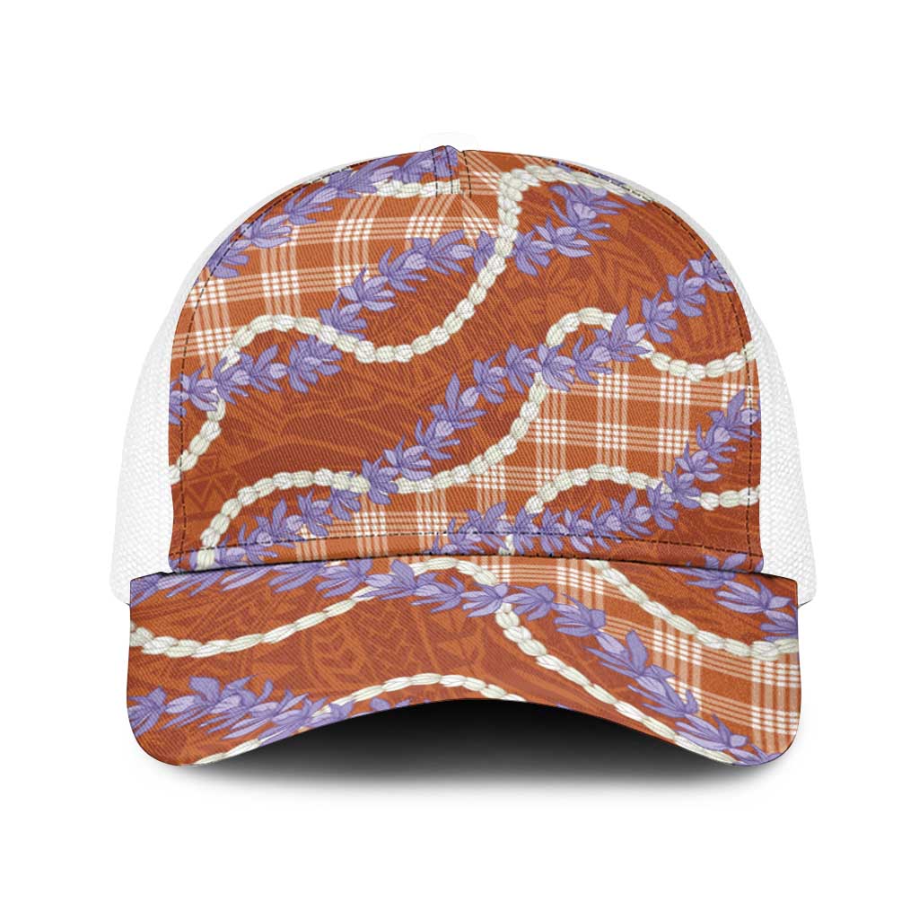 Orange Hawaii Palaka Honohono Pikake Baseball Net Cap Hawaiian Orchid Lei Polynesian Pattern - Polynesian Pride