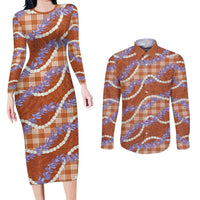 Orange Hawaii Palaka Honohono Pikake Couples Matching Long Sleeve Bodycon Dress and Long Sleeve Button Shirt Hawaiian Orchid Lei Polynesian Pattern LT14 Orange - Polynesian Pride