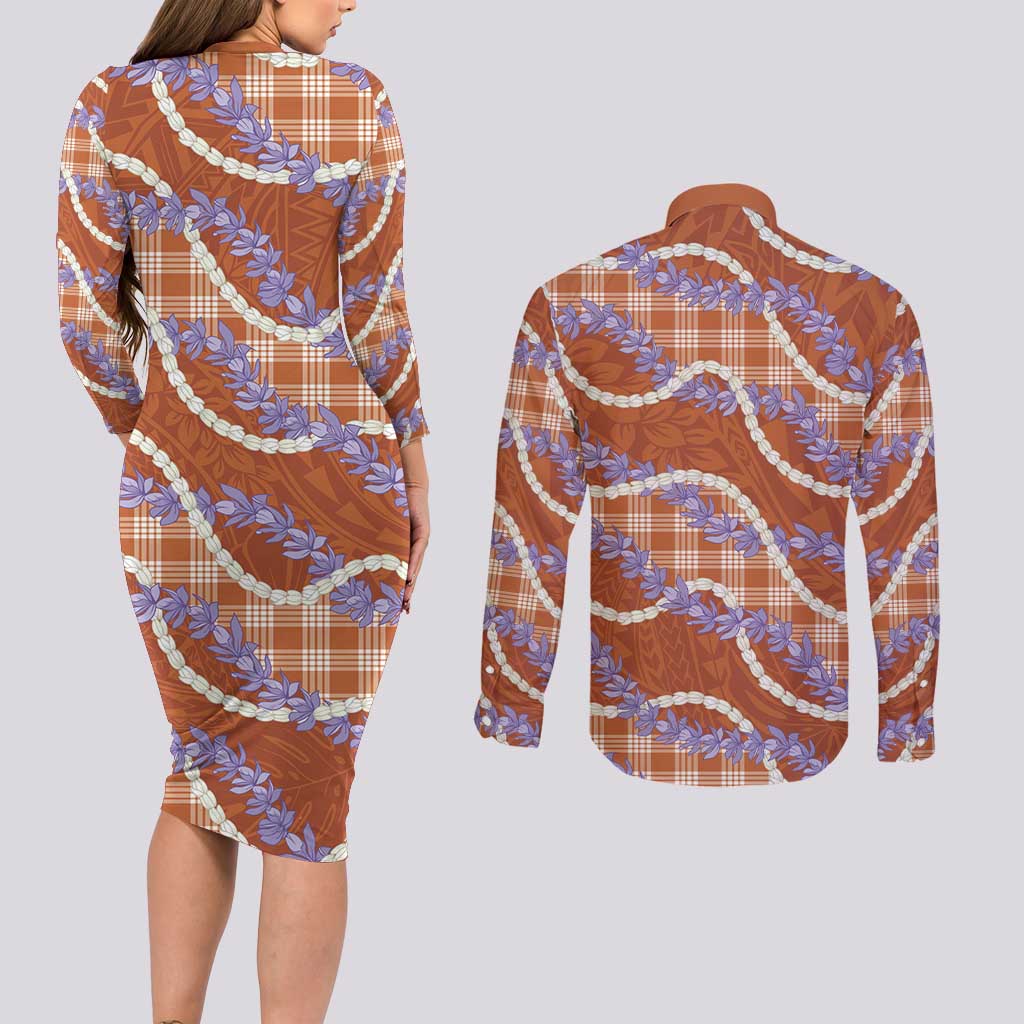 Orange Hawaii Palaka Honohono Pikake Couples Matching Long Sleeve Bodycon Dress and Long Sleeve Button Shirt Hawaiian Orchid Lei Polynesian Pattern LT14 - Polynesian Pride