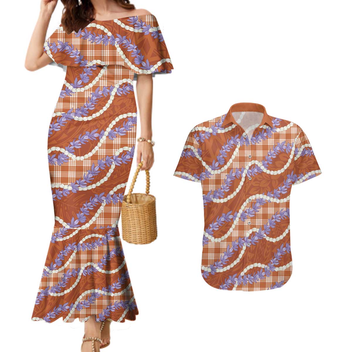 Orange Hawaii Palaka Honohono Pikake Couples Matching Mermaid Dress and Hawaiian Shirt Hawaiian Orchid Lei Polynesian Pattern LT14 Orange - Polynesian Pride