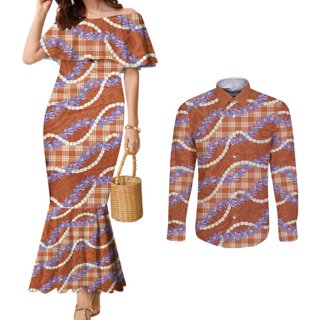 Orange Hawaii Palaka Honohono Pikake Couples Matching Mermaid Dress and Long Sleeve Button Shirt Hawaiian Orchid Lei Polynesian Pattern - Polynesian Pride