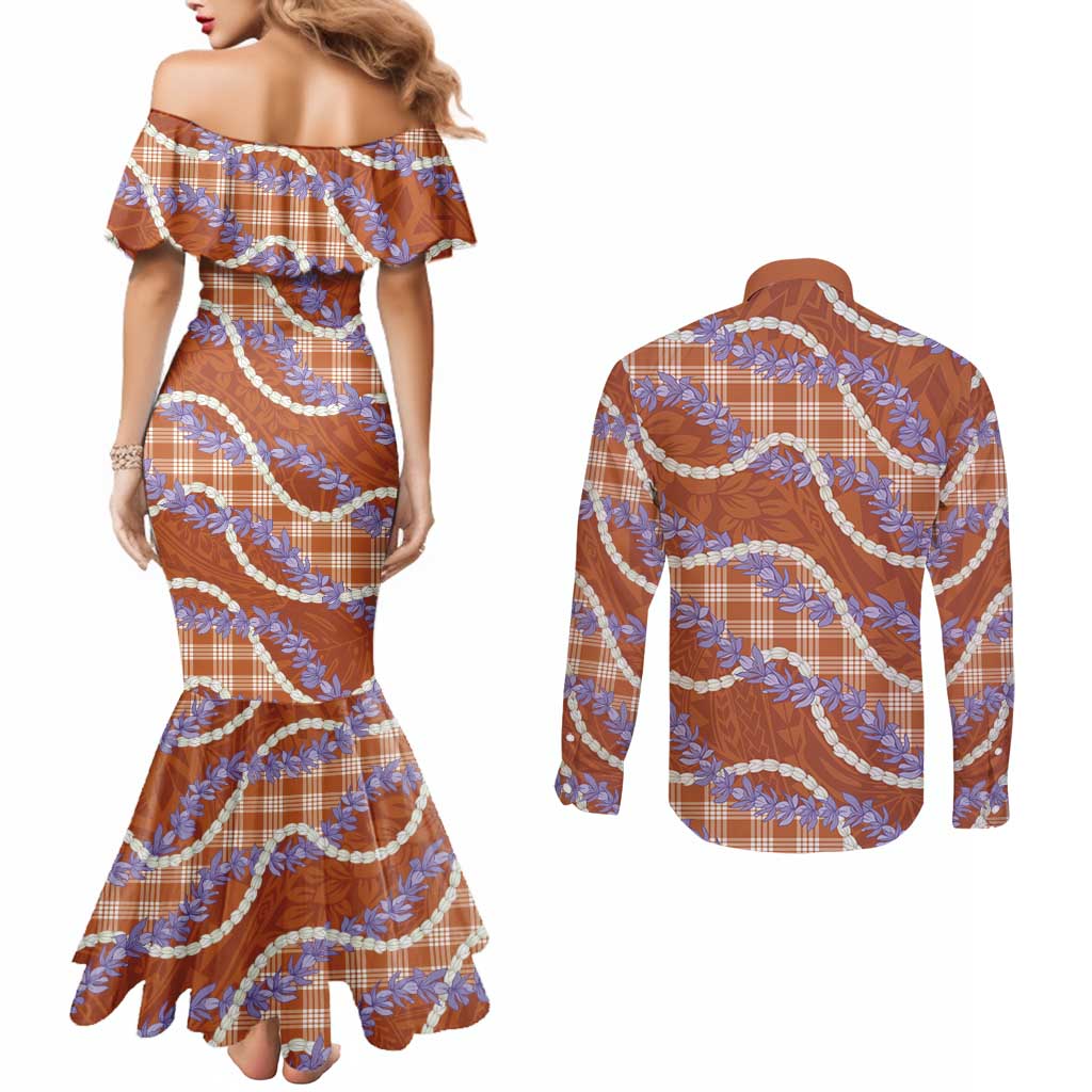 Orange Hawaii Palaka Honohono Pikake Couples Matching Mermaid Dress and Long Sleeve Button Shirt Hawaiian Orchid Lei Polynesian Pattern - Polynesian Pride
