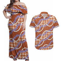 Orange Hawaii Palaka Honohono Pikake Couples Matching Off Shoulder Maxi Dress and Hawaiian Shirt Hawaiian Orchid Lei Polynesian Pattern LT14 Orange - Polynesian Pride