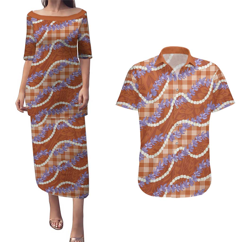 Orange Hawaii Palaka Honohono Pikake Couples Matching Puletasi and Hawaiian Shirt Hawaiian Orchid Lei Polynesian Pattern - Polynesian Pride