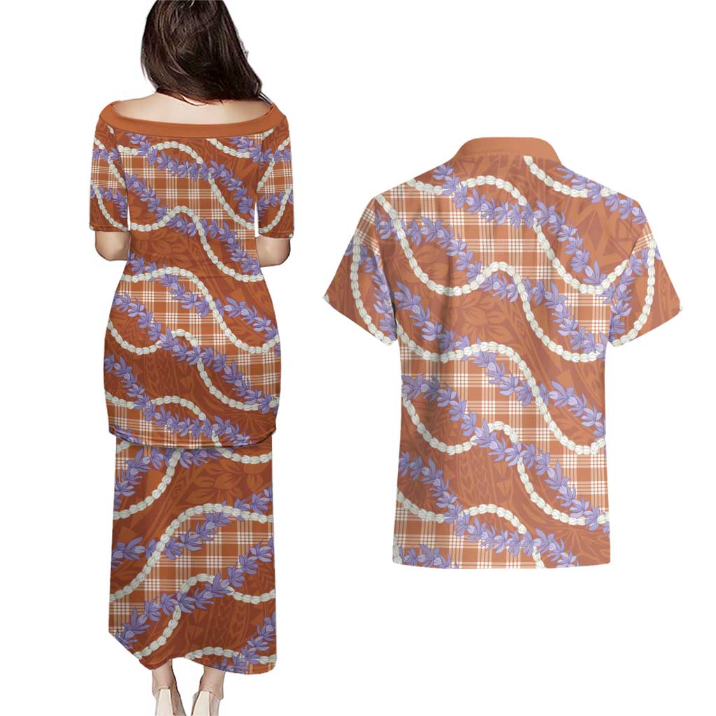Orange Hawaii Palaka Honohono Pikake Couples Matching Puletasi and Hawaiian Shirt Hawaiian Orchid Lei Polynesian Pattern - Polynesian Pride