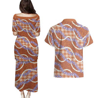 Orange Hawaii Palaka Honohono Pikake Couples Matching Puletasi and Hawaiian Shirt Hawaiian Orchid Lei Polynesian Pattern - Polynesian Pride