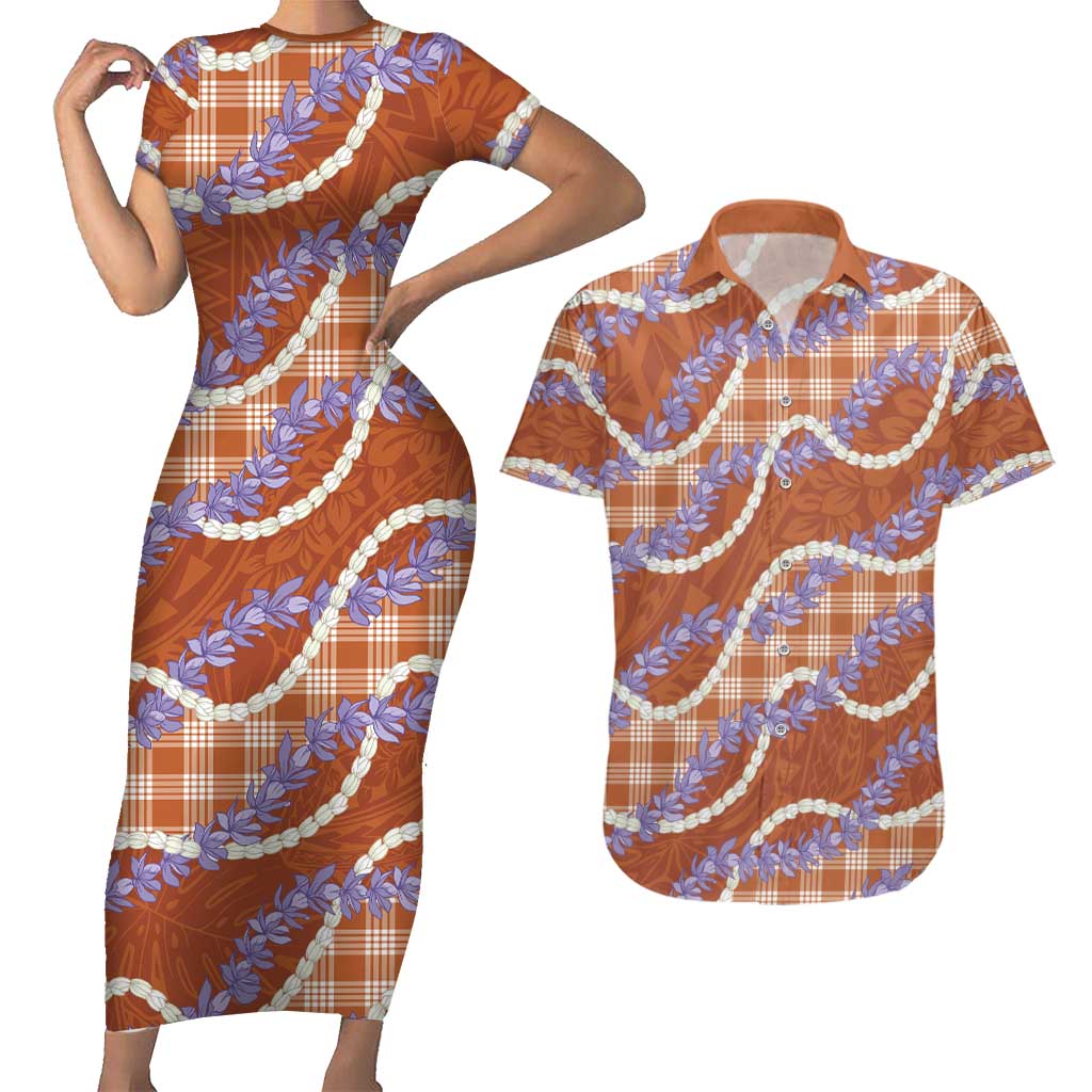 Orange Hawaii Palaka Honohono Pikake Couples Matching Short Sleeve Bodycon Dress and Hawaiian Shirt Hawaiian Orchid Lei Polynesian Pattern - Polynesian Pride