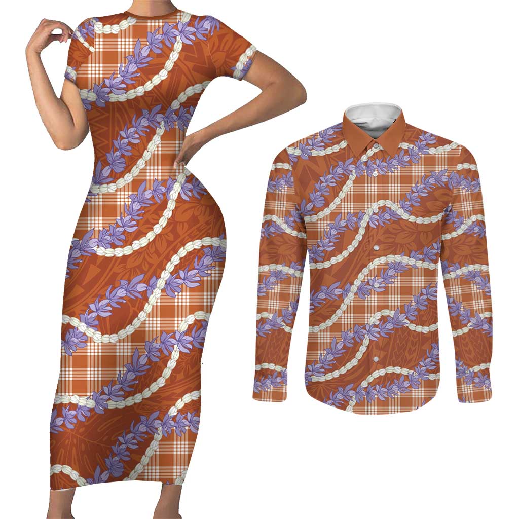 Orange Hawaii Palaka Honohono Pikake Couples Matching Short Sleeve Bodycon Dress and Long Sleeve Button Shirt Hawaiian Orchid Lei Polynesian Pattern - Polynesian Pride