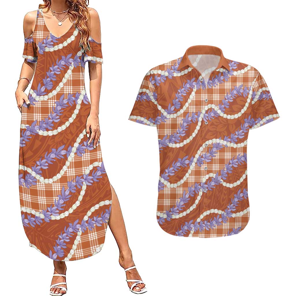 Orange Hawaii Palaka Honohono Pikake Couples Matching Summer Maxi Dress and Hawaiian Shirt Hawaiian Orchid Lei Polynesian Pattern LT14 Orange - Polynesian Pride