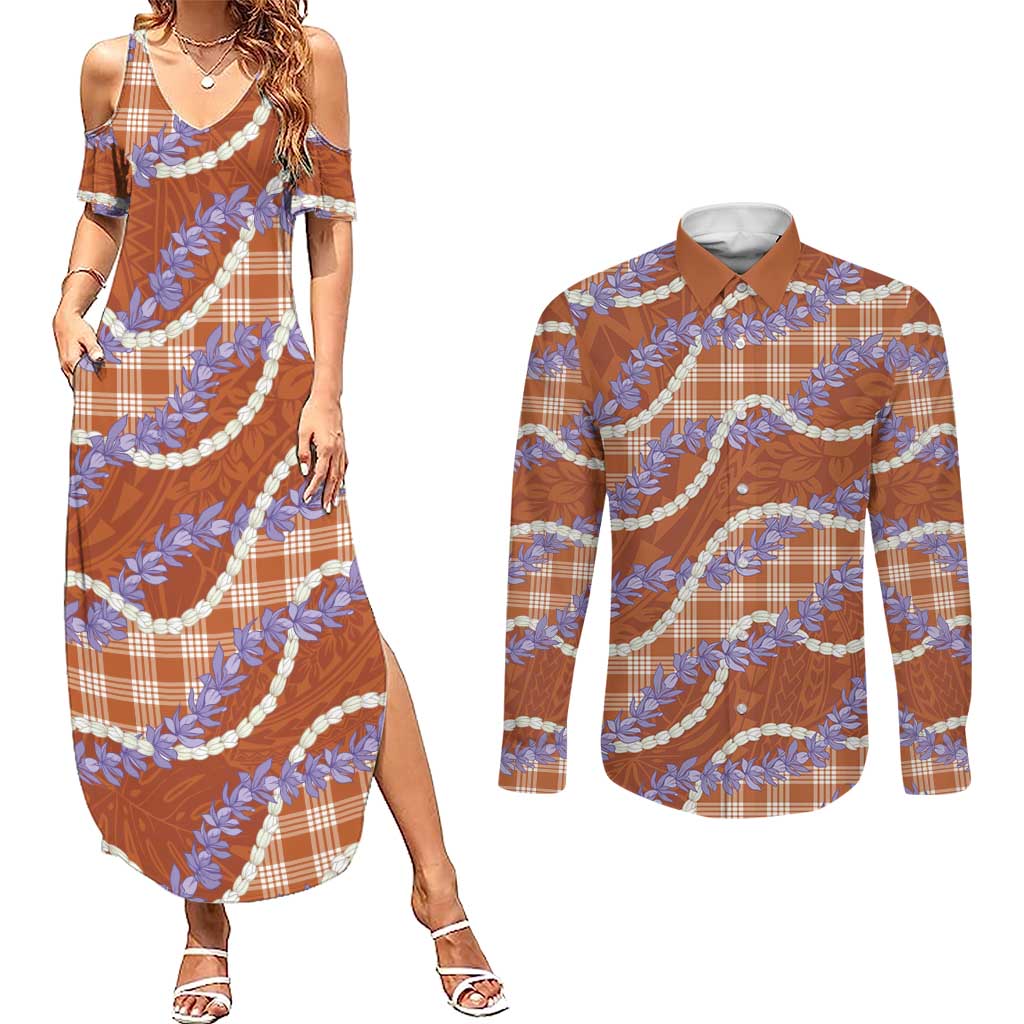 Orange Hawaii Palaka Honohono Pikake Couples Matching Summer Maxi Dress and Long Sleeve Button Shirt Hawaiian Orchid Lei Polynesian Pattern - Polynesian Pride