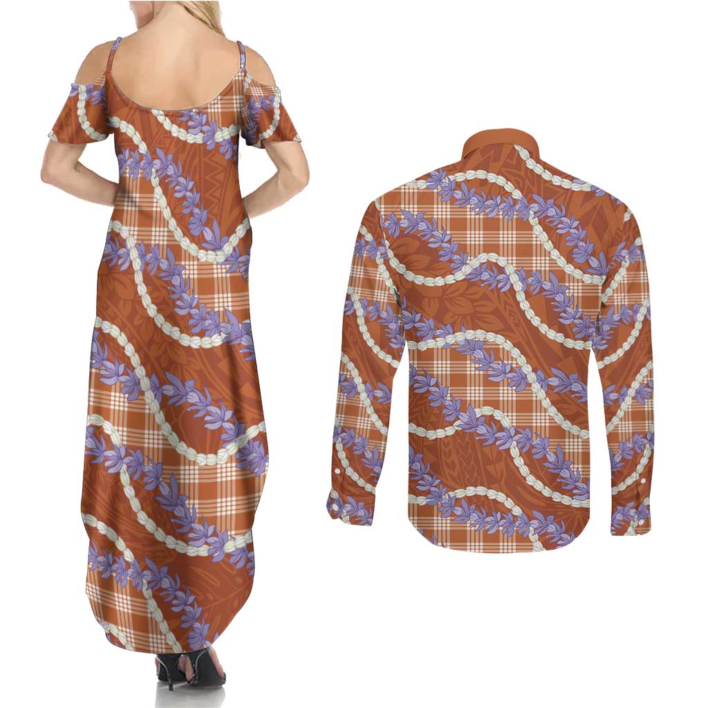 Orange Hawaii Palaka Honohono Pikake Couples Matching Summer Maxi Dress and Long Sleeve Button Shirt Hawaiian Orchid Lei Polynesian Pattern - Polynesian Pride