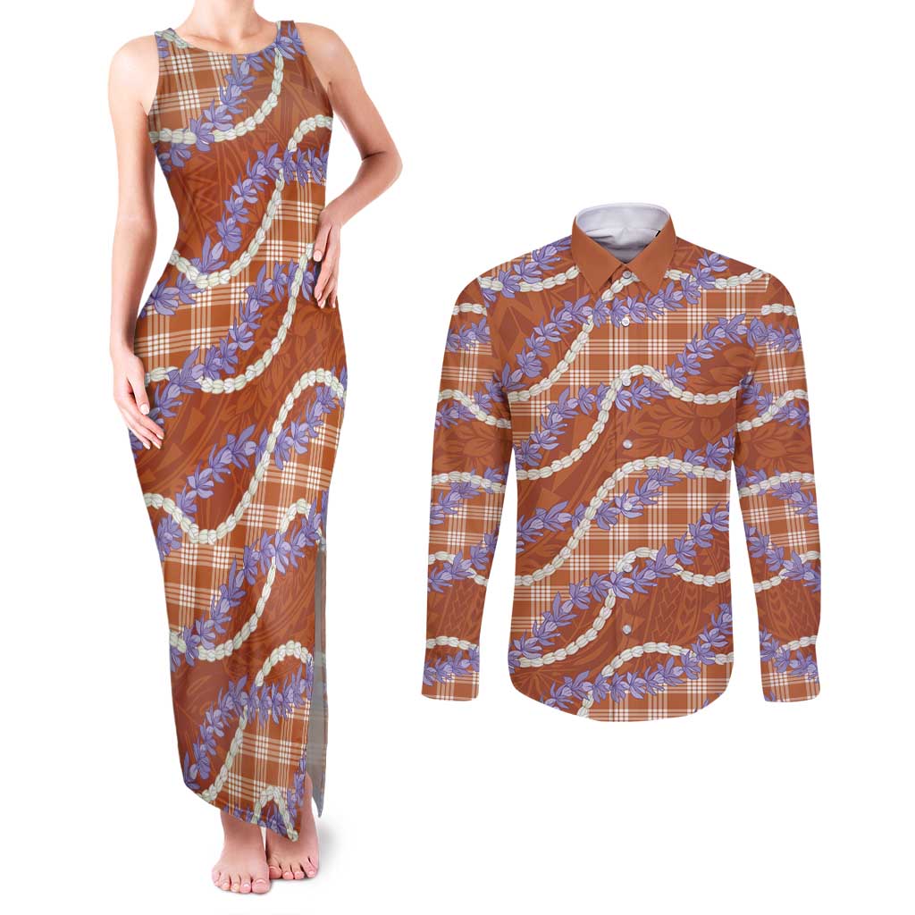 Orange Hawaii Palaka Honohono Pikake Couples Matching Tank Maxi Dress and Long Sleeve Button Shirt Hawaiian Orchid Lei Polynesian Pattern - Polynesian Pride
