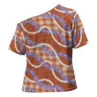 Orange Hawaii Palaka Honohono Pikake Cross Shoulder Shirt Hawaiian Orchid Lei Polynesian Pattern - Polynesian Pride