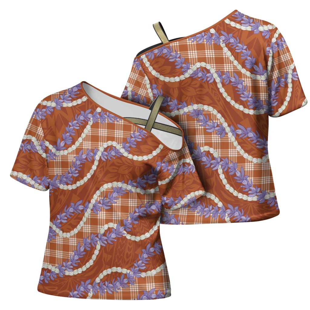 Orange Hawaii Palaka Honohono Pikake Cross Shoulder Shirt Hawaiian Orchid Lei Polynesian Pattern - Polynesian Pride