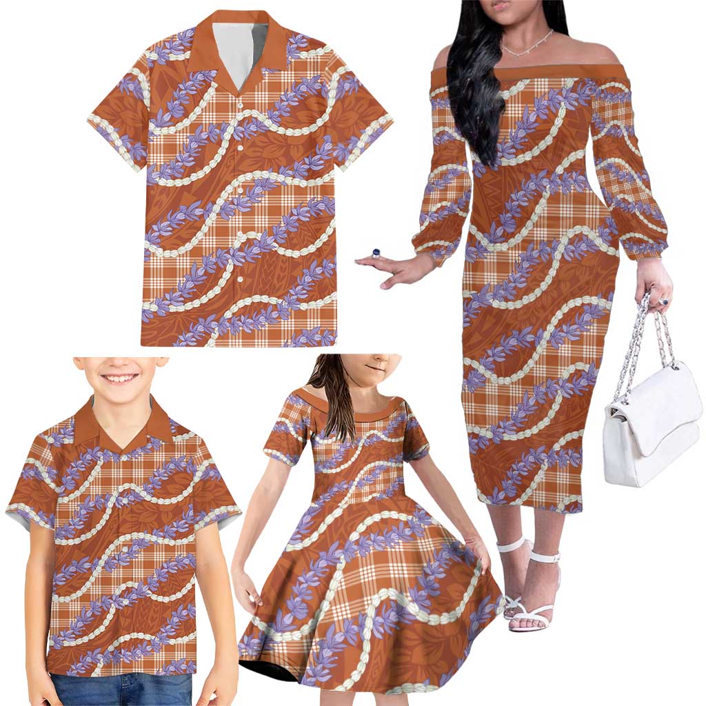 Orange Hawaii Palaka Honohono Pikake Family Matching Off The Shoulder Long Sleeve Dress and Hawaiian Shirt Hawaiian Orchid Lei Polynesian Pattern - Polynesian Pride