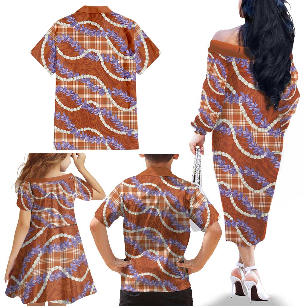 Orange Hawaii Palaka Honohono Pikake Family Matching Off The Shoulder Long Sleeve Dress and Hawaiian Shirt Hawaiian Orchid Lei Polynesian Pattern LT14 - Polynesian Pride