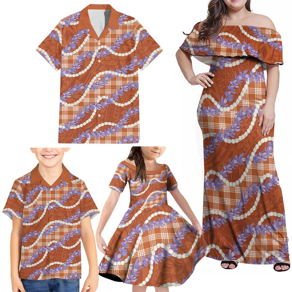 Orange Hawaii Palaka Honohono Pikake Family Matching Off Shoulder Maxi Dress and Hawaiian Shirt Hawaiian Orchid Lei Polynesian Pattern LT14 - Polynesian Pride