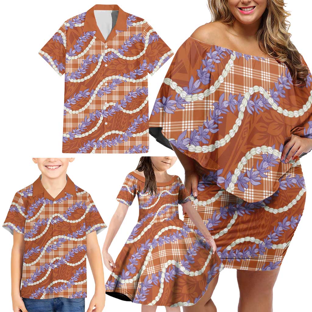 Orange Hawaii Palaka Honohono Pikake Family Matching Off Shoulder Short Dress and Hawaiian Shirt Hawaiian Orchid Lei Polynesian Pattern LT14 - Polynesian Pride
