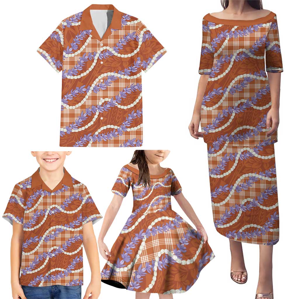 Orange Hawaii Palaka Honohono Pikake Family Matching Puletasi and Hawaiian Shirt Hawaiian Orchid Lei Polynesian Pattern LT14 - Polynesian Pride