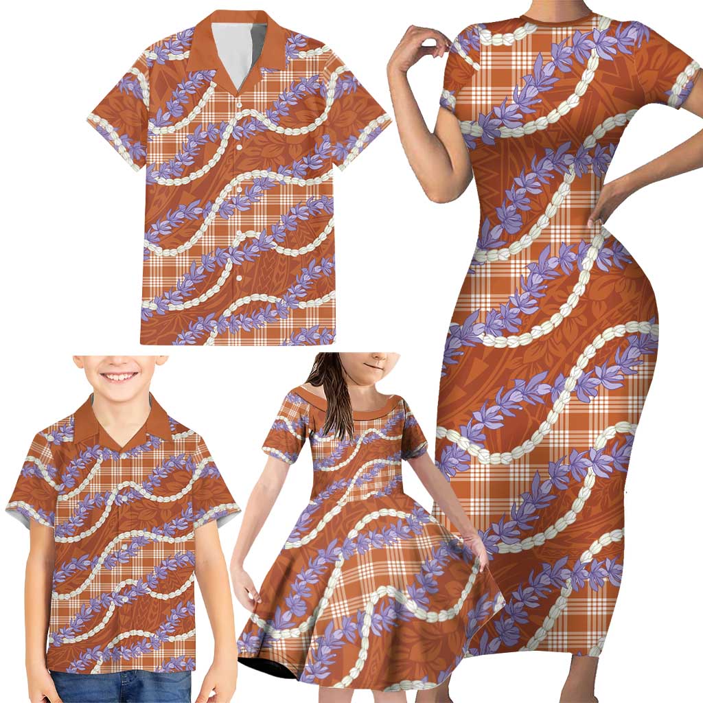 Orange Hawaii Palaka Honohono Pikake Family Matching Short Sleeve Bodycon Dress and Hawaiian Shirt Hawaiian Orchid Lei Polynesian Pattern - Polynesian Pride