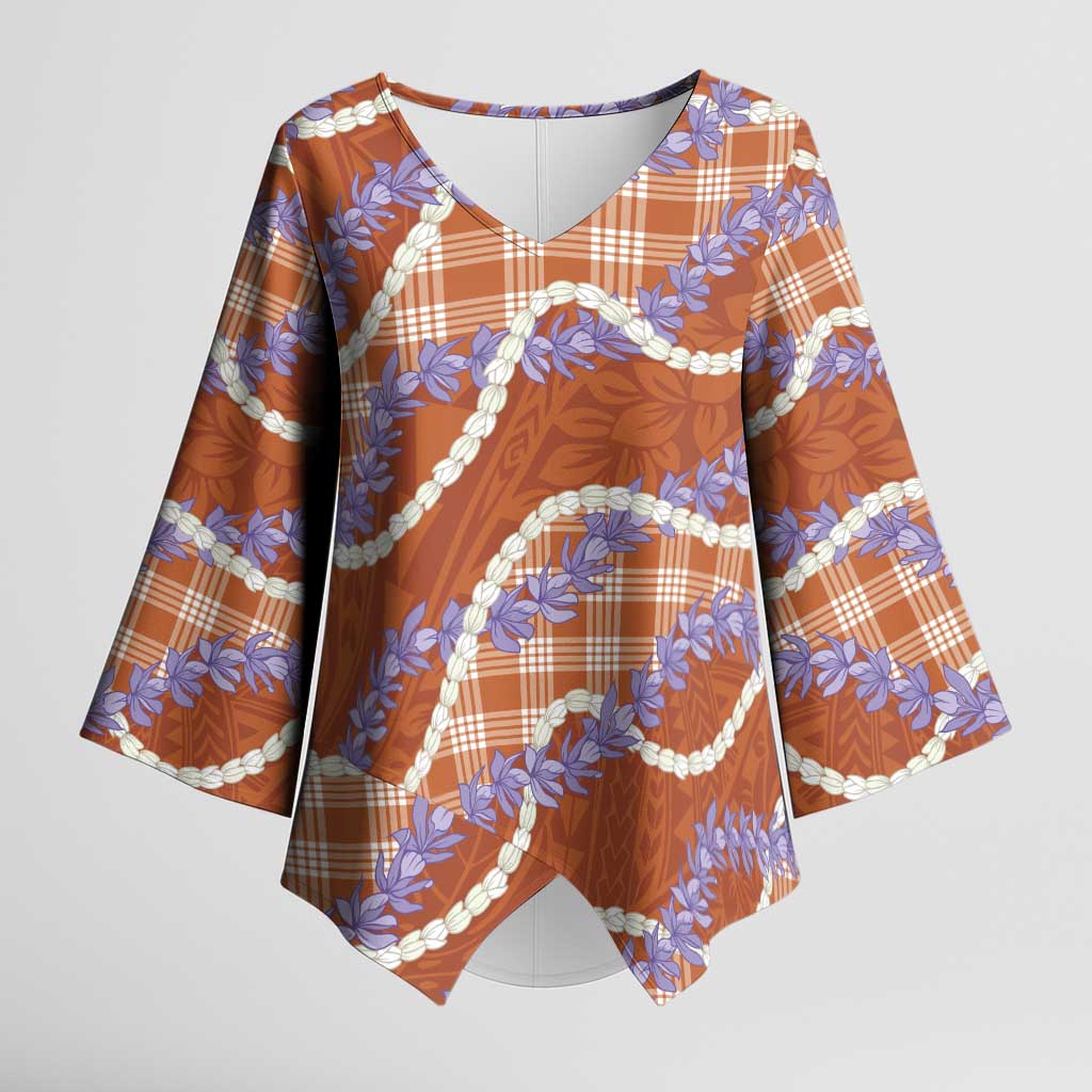 Orange Hawaii Palaka Honohono Pikake Kimono Sleeve Blouse Hawaiian Orchid Lei Polynesian Pattern - Polynesian Pride
