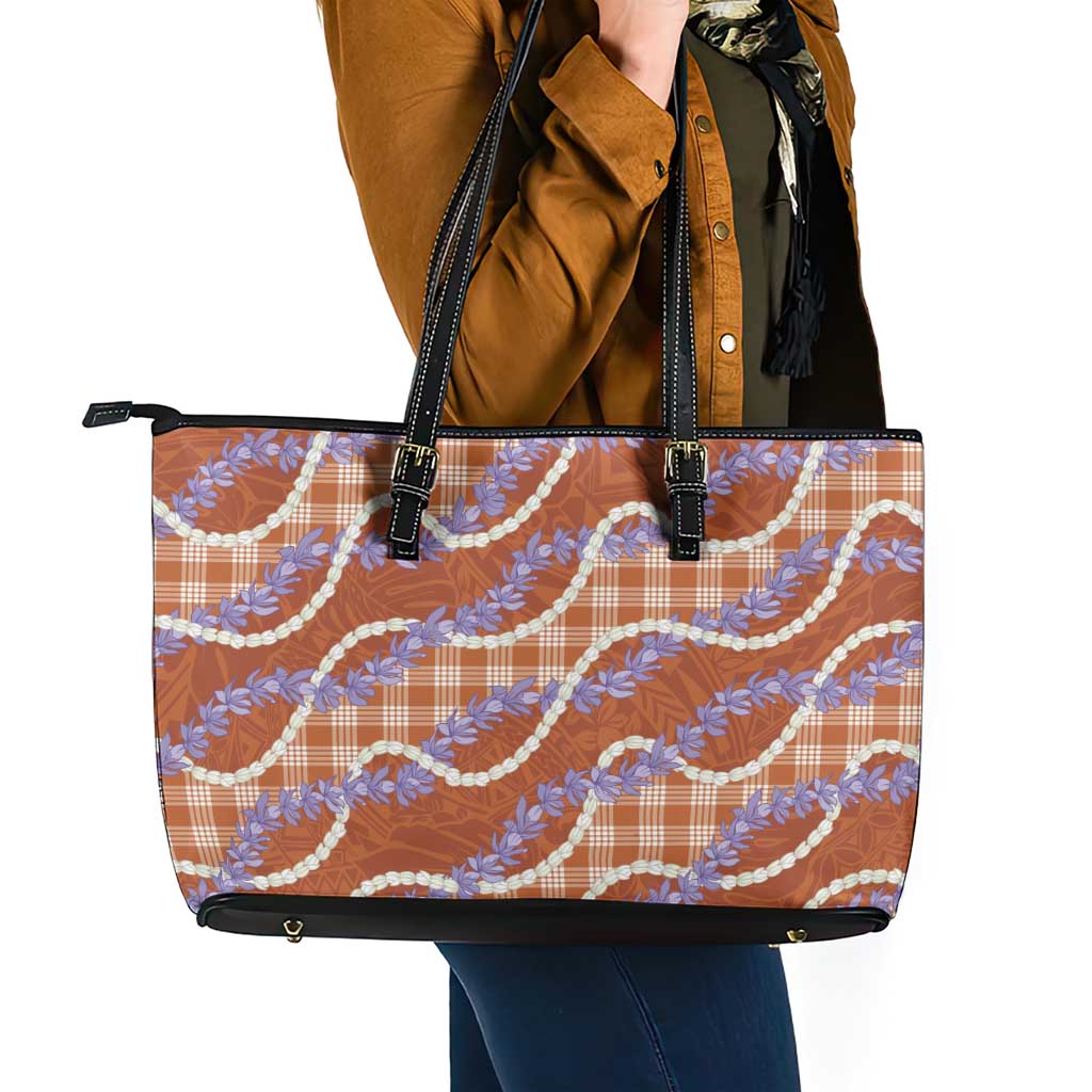 Orange Hawaii Palaka Honohono Pikake Leather Tote Bag Hawaiian Orchid Lei Polynesian Pattern - Polynesian Pride