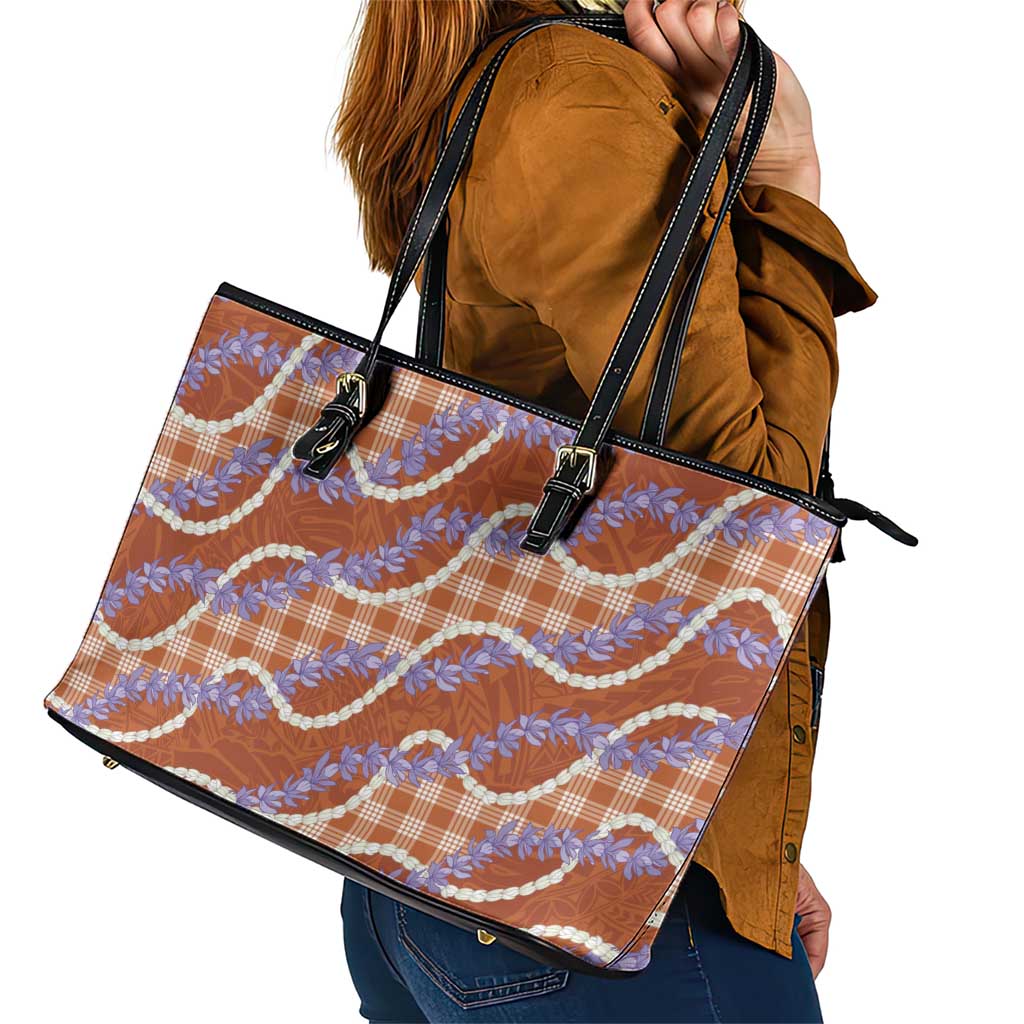 Orange Hawaii Palaka Honohono Pikake Leather Tote Bag Hawaiian Orchid Lei Polynesian Pattern - Polynesian Pride