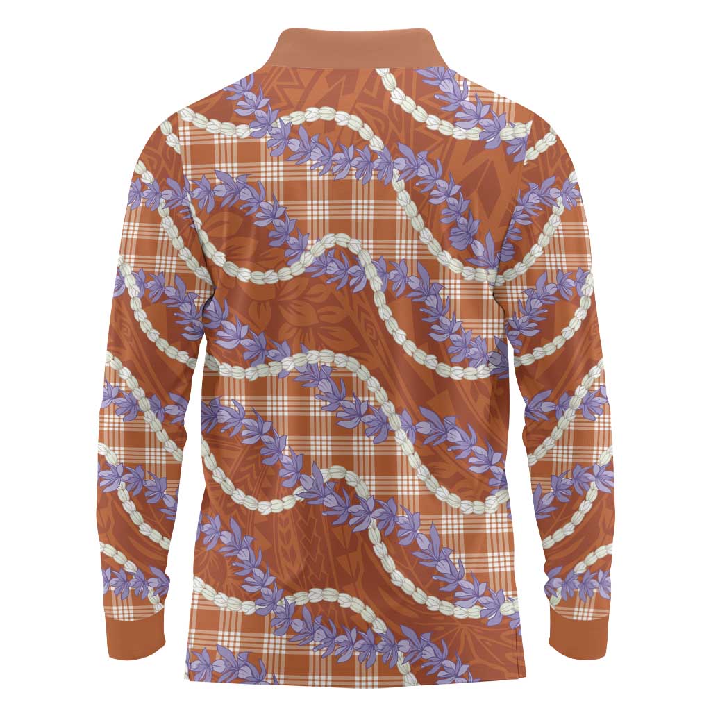 Orange Hawaii Palaka Honohono Pikake Long Sleeve Polo Shirt Hawaiian Orchid Lei Polynesian Pattern - Polynesian Pride
