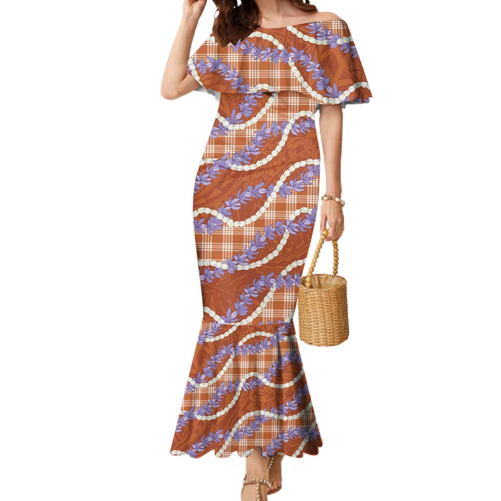 Orange Hawaii Palaka Honohono Pikake Mermaid Dress Hawaiian Orchid Lei Polynesian Pattern - Polynesian Pride