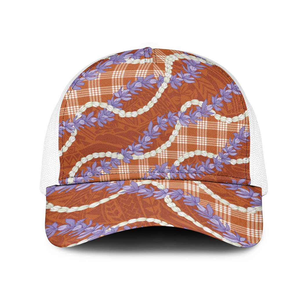Orange Hawaii Palaka Honohono Pikake Mesh Trucker Cap Hawaiian Orchid Lei Polynesian Pattern - Polynesian Pride