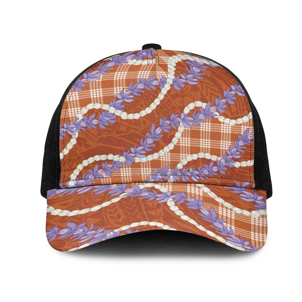 Orange Hawaii Palaka Honohono Pikake Mesh Trucker Cap Hawaiian Orchid Lei Polynesian Pattern - Polynesian Pride