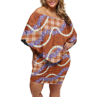 Orange Hawaii Palaka Honohono Pikake Off Shoulder Short Dress Hawaiian Orchid Lei Polynesian Pattern - Polynesian Pride
