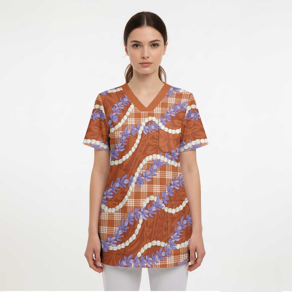 Orange Hawaii Palaka Honohono Pikake Scrub Top Hawaiian Orchid Lei Polynesian Pattern - Polynesian Pride