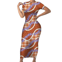 Orange Hawaii Palaka Honohono Pikake Short Sleeve Bodycon Dress Hawaiian Orchid Lei Polynesian Pattern - Polynesian Pride
