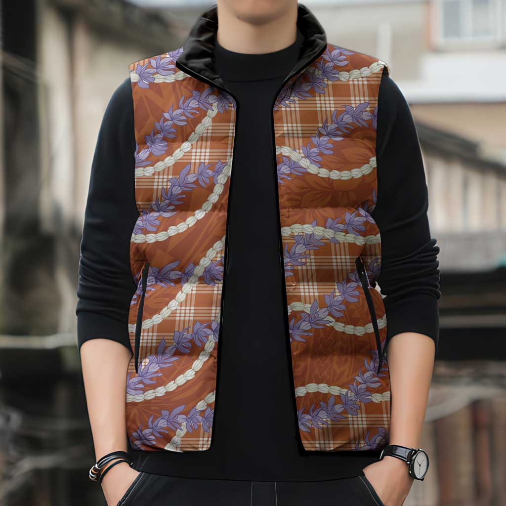 Orange Hawaii Palaka Honohono Pikake Sleeveless Puffer Jacket Hawaiian Orchid Lei Polynesian Pattern - Polynesian Pride