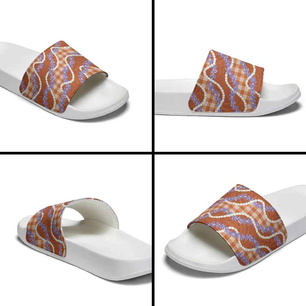 Orange Hawaii Palaka Honohono Pikake Slide Sandals Hawaiian Orchid Lei Polynesian Pattern - Polynesian Pride