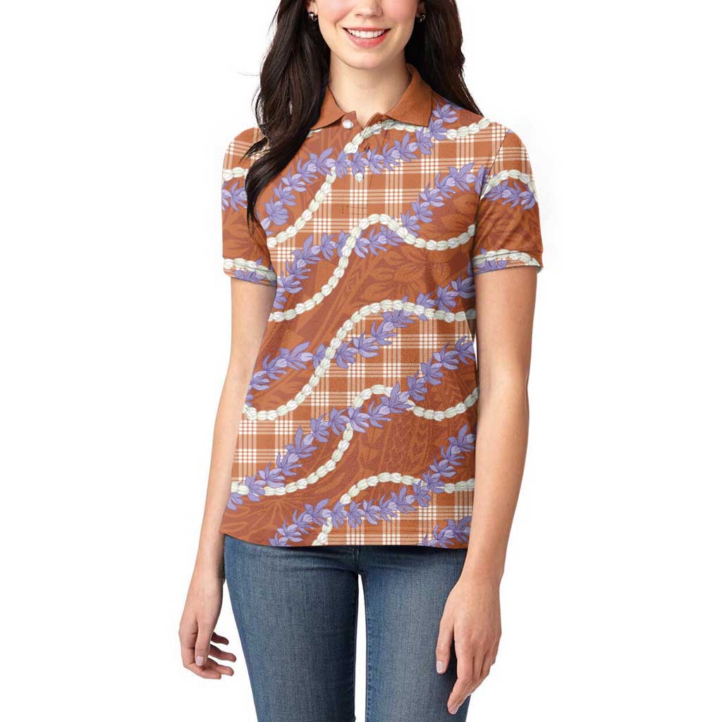 Orange Hawaii Palaka Honohono Pikake Women Polo Shirt Hawaiian Orchid Lei Polynesian Pattern LT14 - Polynesian Pride