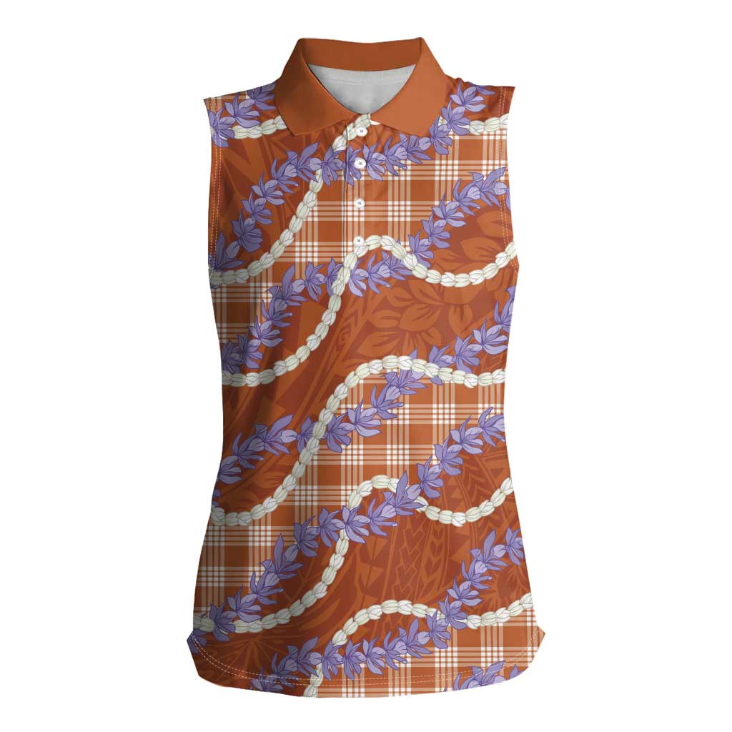 Orange Hawaii Palaka Honohono Pikake Women Sleeveless Polo Shirt Hawaiian Orchid Lei Polynesian Pattern LT14 Female Orange - Polynesian Pride